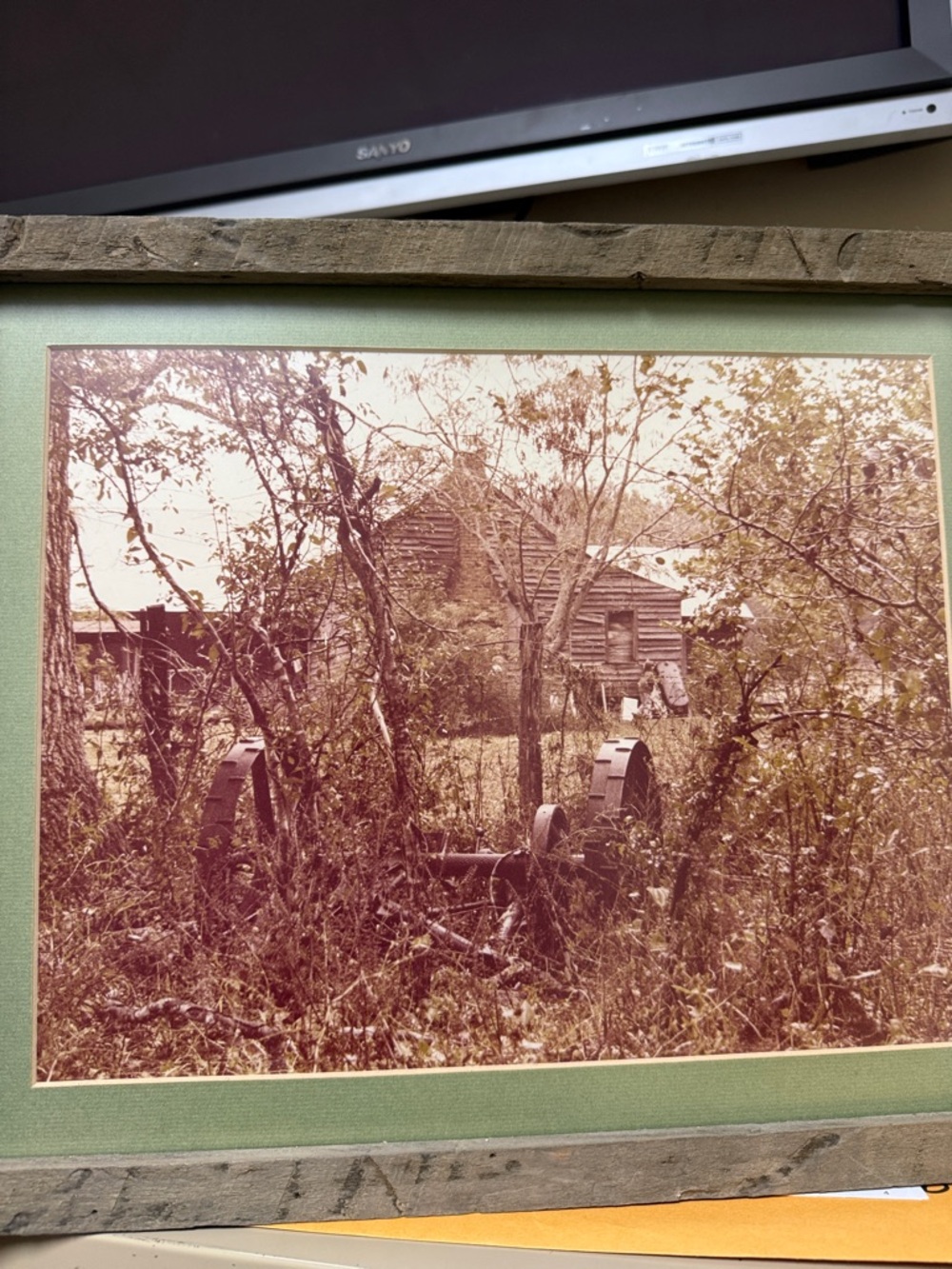 Vintage Farmhouse Sepia Print in Green Mat